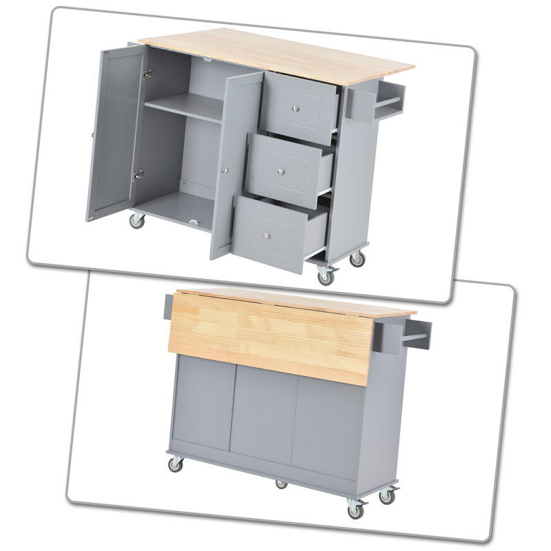 Beatriz Versatile Rolling Kitchen Island with Solid Wood Expandable Top and Lockable Wheels, Towel Rack, Spice Rack for Kitchen, Dining Room