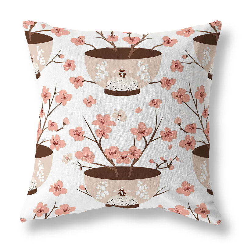 Coussin décoratif intérieur / extérieur Potting Cherry Blossoms, H 16 po x l 16 po, Brun/rose