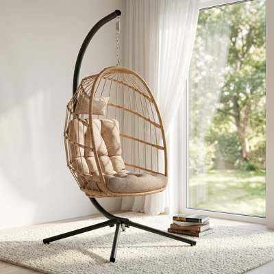 Solvane Wicker & Stretch Fabric Hanging Egg Chair With Stand Swing With Cushion