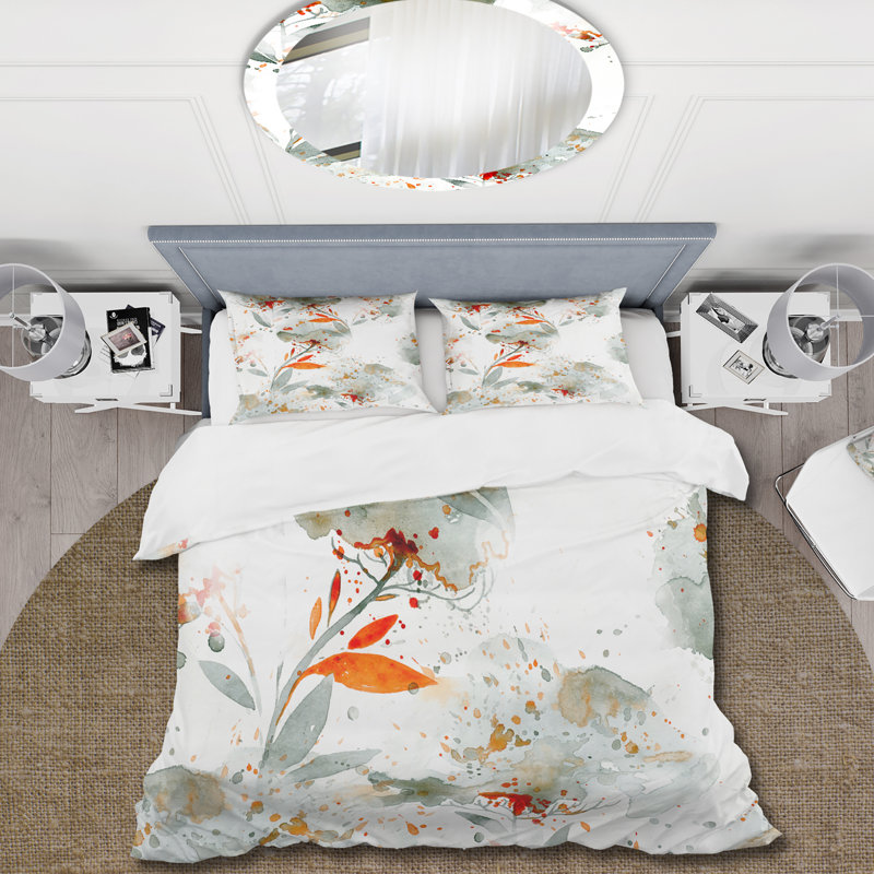 Green and Orange Wildflowers I - Ensemble de housse de couette moderne - Polyester en microfibre