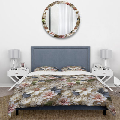 Opling White Vintage Floral Lace Veil V - Floral Duvet Cover Set - Microfiber Polyester