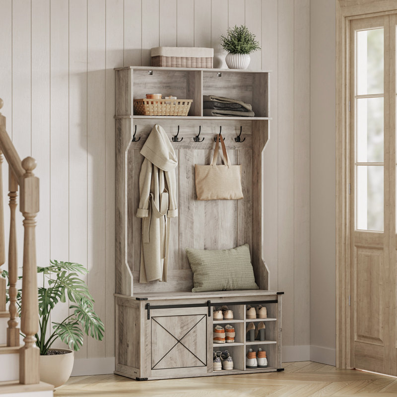 Hall Tree 41.7'' Wide With Bench And Shoe Storage, Rustic Gray