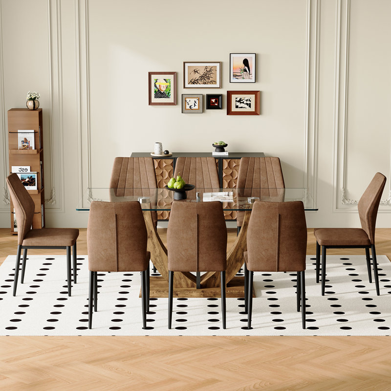 Ensemble de table de salle à manger moderne en verre pour 6 à 8 personnes, table de salle à manger élégante avec chaises pour la famille et le divertissement