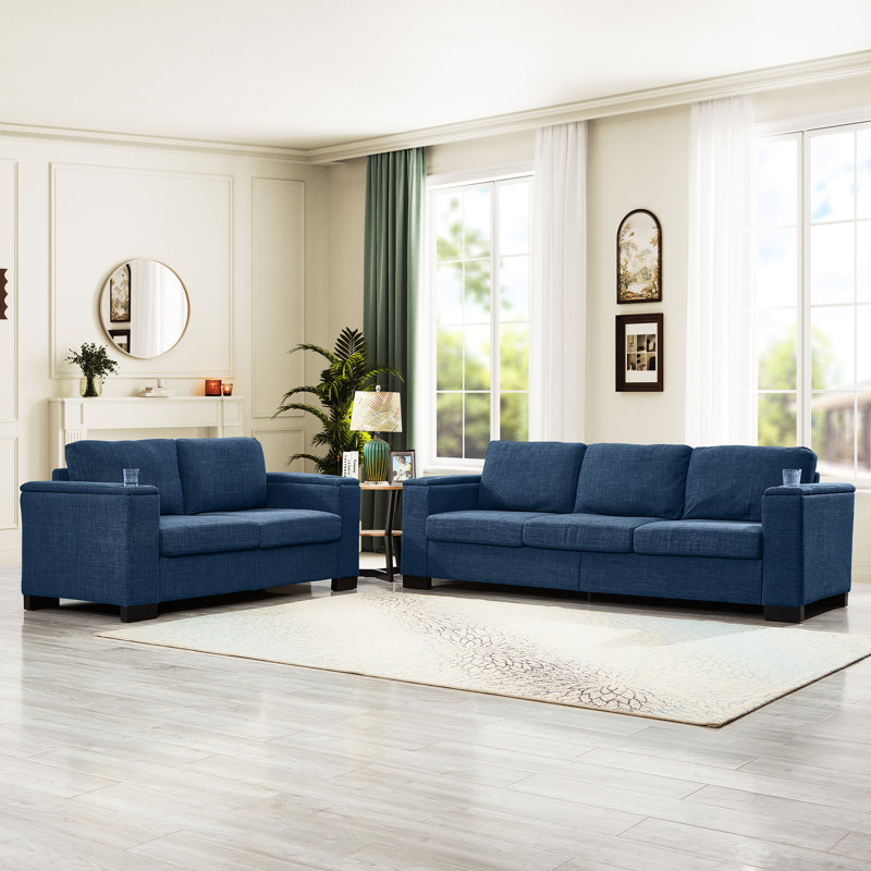 Deux pièces 2 + 3 places canapé de salon de style moderne avec accoudoirs carrés, porte-gobelet et rangement, bleu rembourré, structure en bois massif, coussin à ressorts confortable pour la maison, rembourré avec accoudoirs