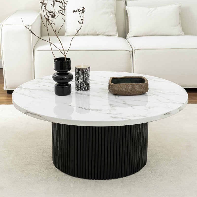 36" Marbled Wood Round Coffee Table, Black