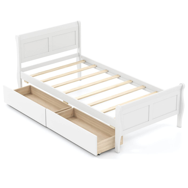 Twin Size Bed Frame With 2 Storage Drawers Wood Platform Bed With Headboard, White