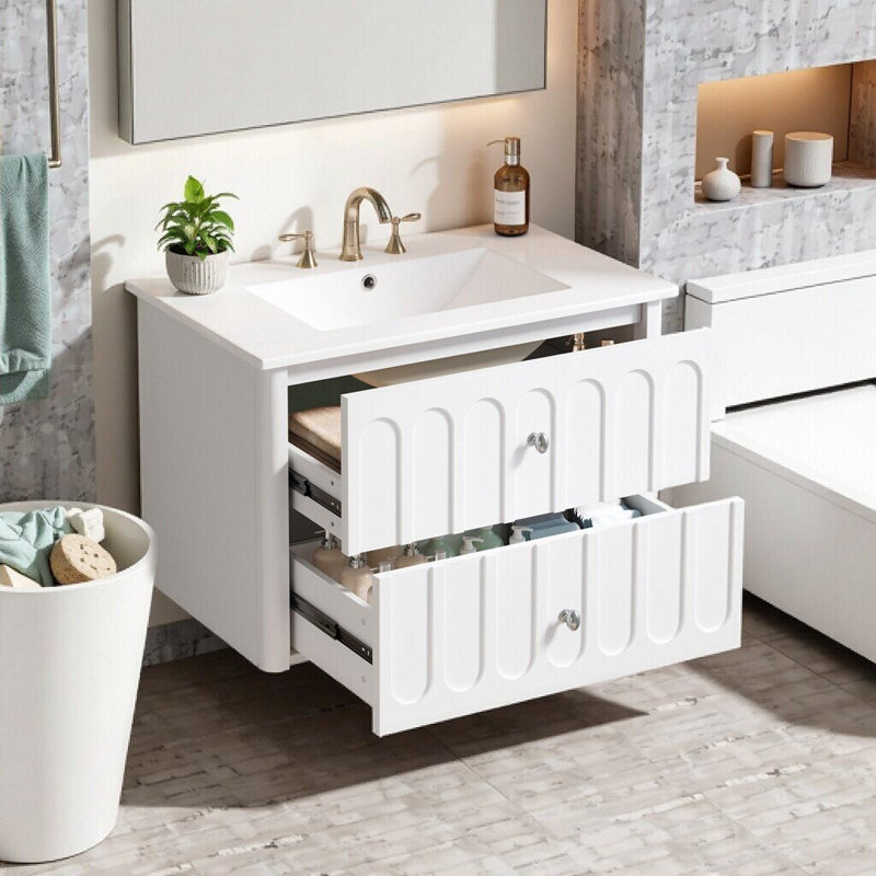 Meuble-lavabo simple avec lavabo en céramique, tablette ouverte, 2 tiroirs, Blanc