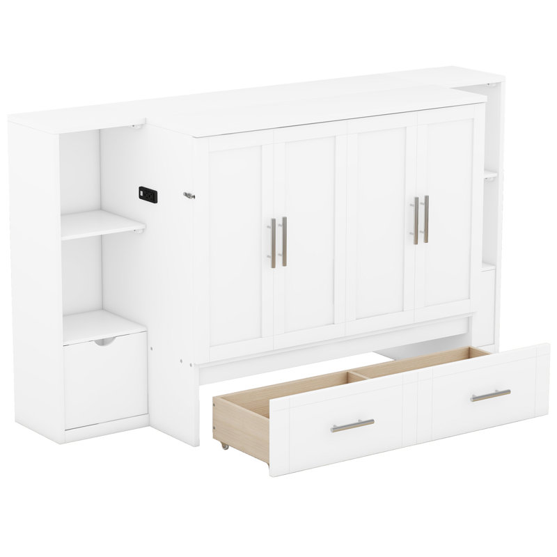 Queen Size Murphy Bed With Shelves, Drawers And USB Ports,White