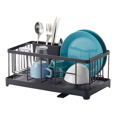 Yamazaki Home Wire Dish Drainer Rack with Removable Drainer Tray with Spout, Utensils Holder, Steel