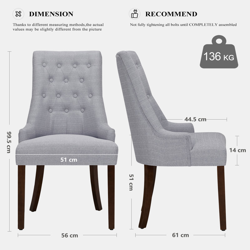 Set of 2 Wingback Dining Chairs, Solid Wood Frame with Linen-Textured Upholstery & Tufted Back, Light Grey