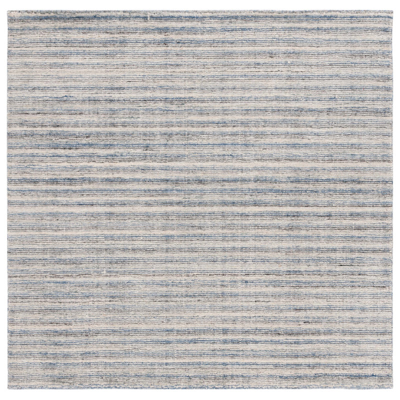 Tapis rayé en laine / viscose / coton tissé à la main Brileigh en ivoire / bleu, Carré 6 pi