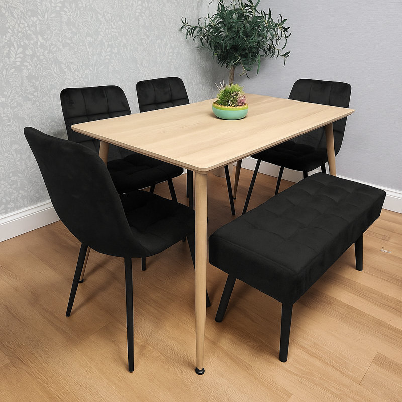 Wooden Dining Table Set with 4 Velvet Dining Chair And 1 Velvet Bench, Black