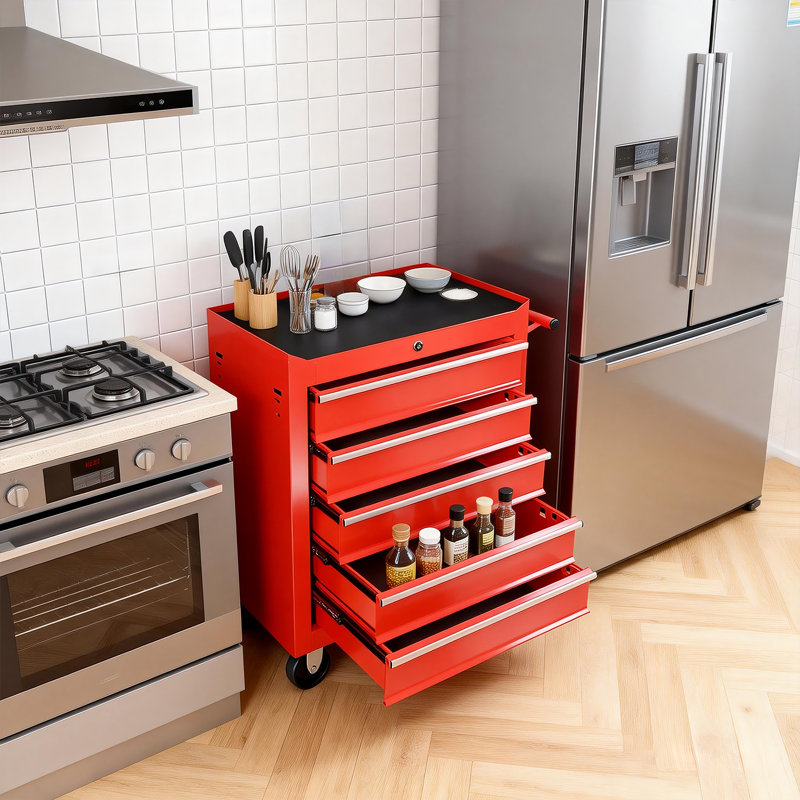 Coffre à outils à 5 tiroirs avec serrure, chariot de rangement pour chariot à outils avec roulettes et poignée, Rouge