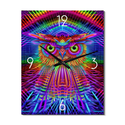 Horloge murale psychédélique, hibou arc-en-ciel
