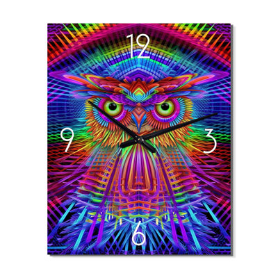 Psychedelic Rainbow Owl Portrait - Animals Owl Modern Wall Clock