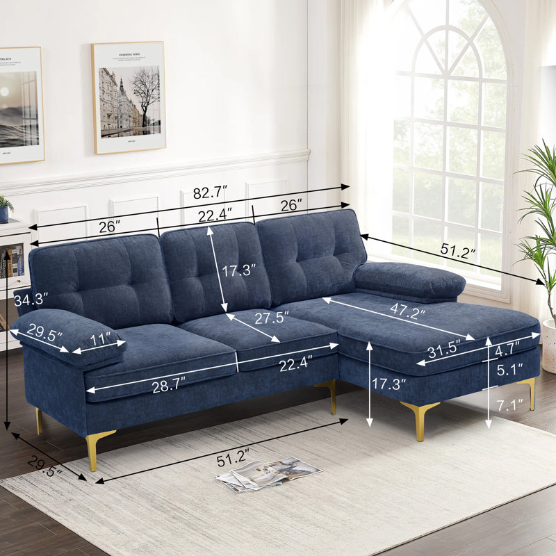 Tylisha 82.7" Tufted Sectional Sofa Solid Wood Frame Maximum Weight 1000LB, Dark Blue Chenille, Gold
