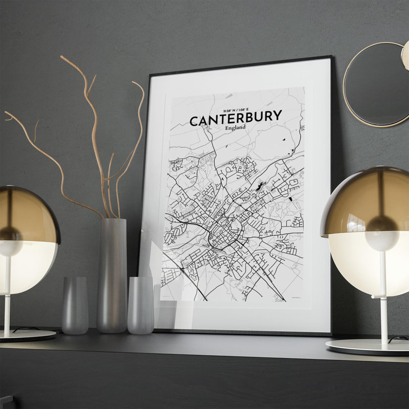 Canterbury City Map, impression, Noir et blanc, H 17 po x l 11 po x P 0,05 po