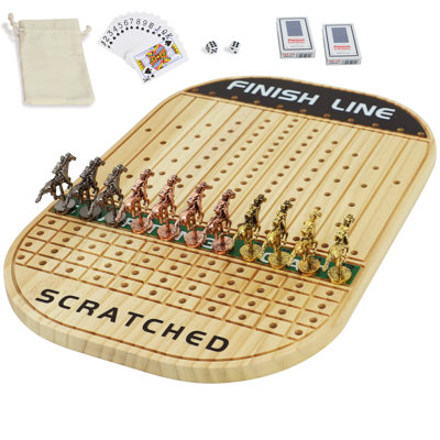 Jeu de course de chevaux en bois massif épaissi avec 11 chevaux en métal luxueux et durable avec 4 dés et 2 boîtes (bûche, ovale)