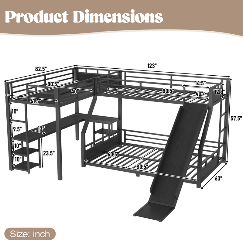 Lit superposé triple en métal avec glissade, bureau et tablettes de rangement PlayScape, Queen