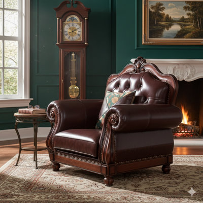 44" Traditional Genuine Leather Armchair, Tufted High-Back With Ornate Solid Wood Frame