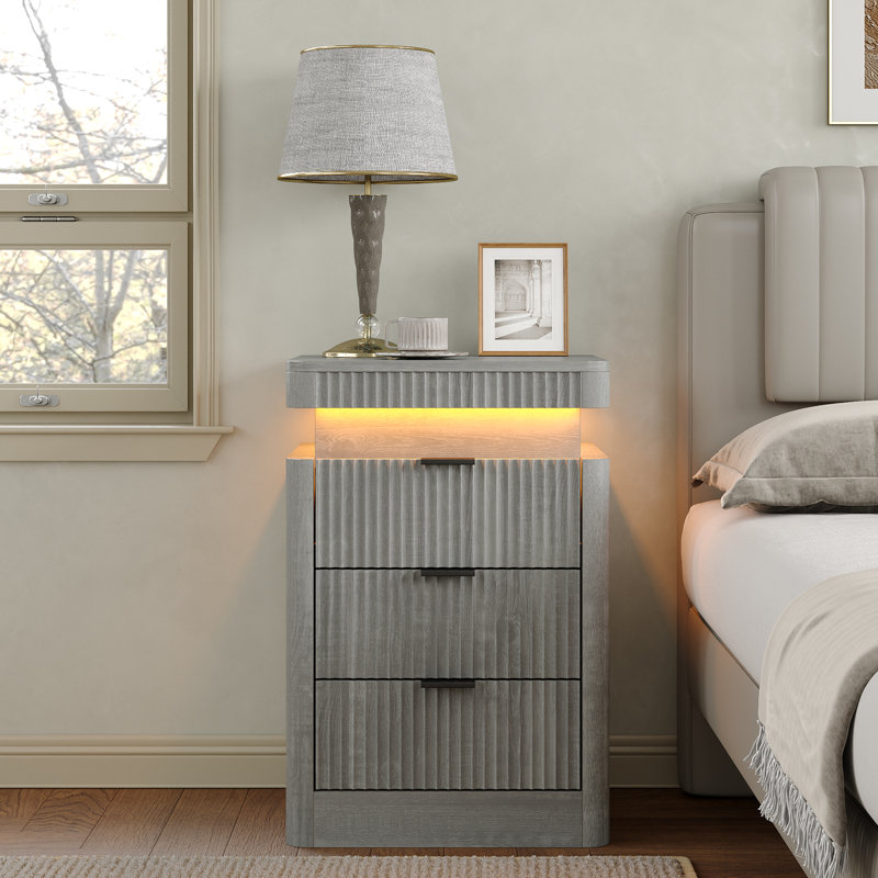 Fluted Night Stand With Charging Station & LED Light, 3-Drawer Bedside Table For Bedroom & Living Room, Modern Sofa Side Table With Sliding Top & Outlets/USB