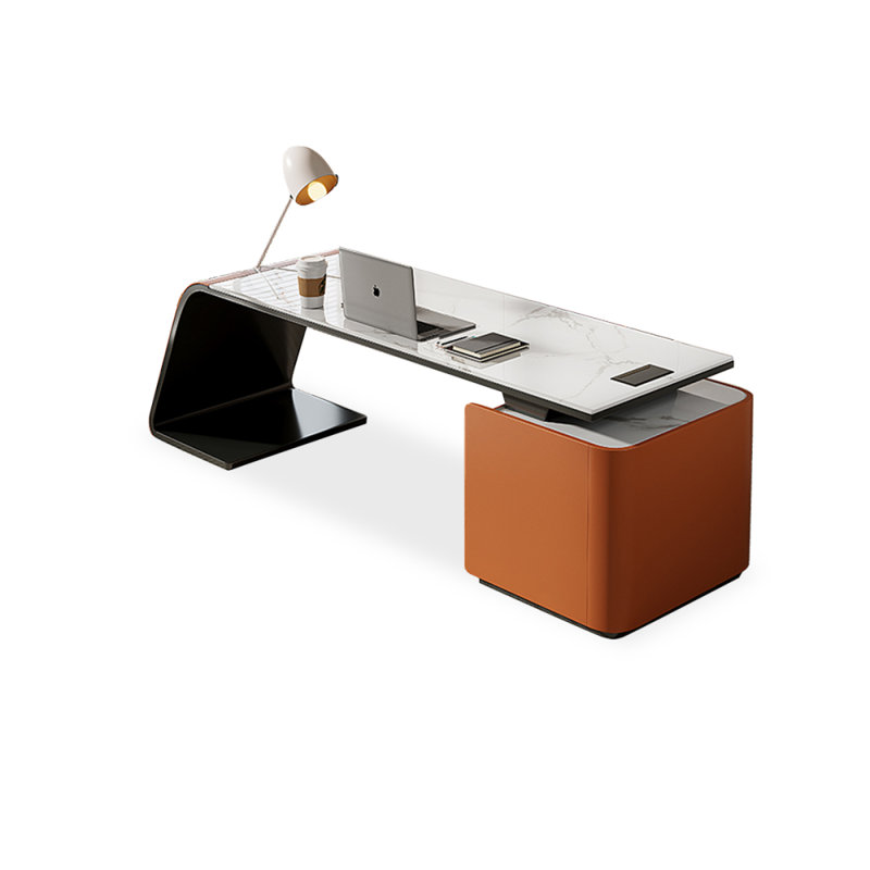 Rectangular Stone+Manufactured Wood with 3 drawers desk, Orange, 29.53" H x 62.99" W x 27.56" D