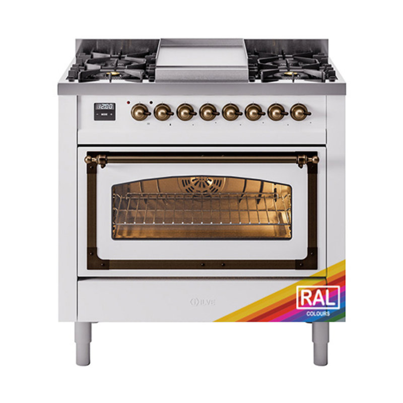 ILVE Nostalgie II Series Noblesse 36 inch Dual Fuel Range (Triple Glass Door, RAL) (Glass Door), Chrome, Liquid Propane