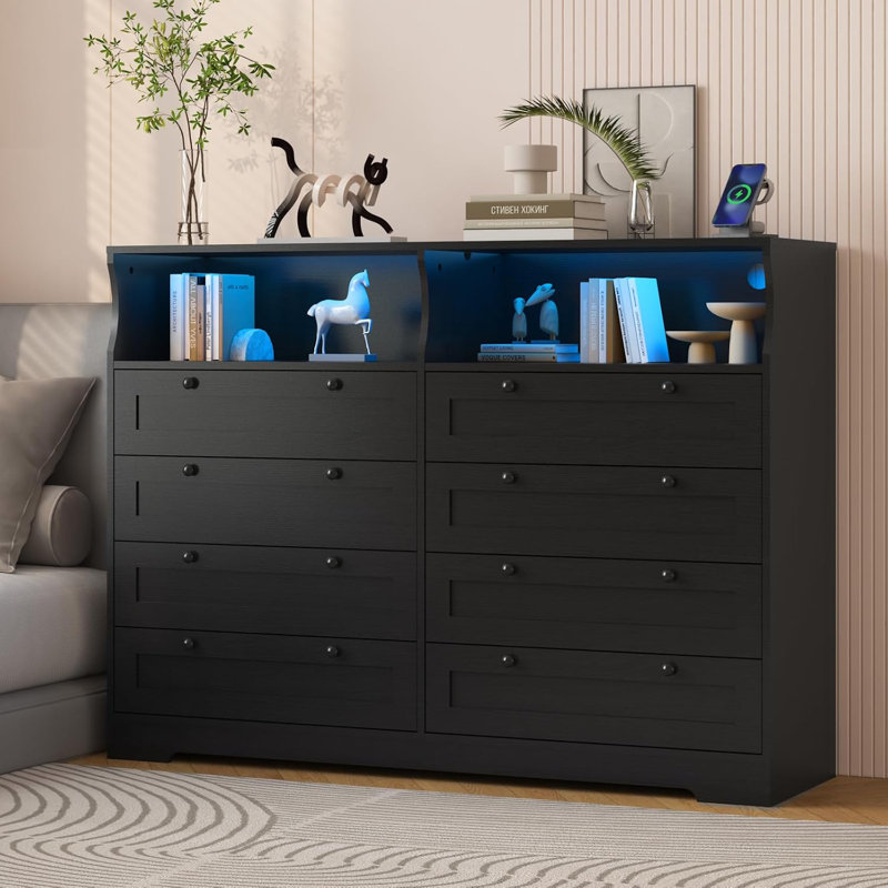 55" W Dresser For Bedroom, 8 Drawer Dresser With Led Lights And Charging Station, Black