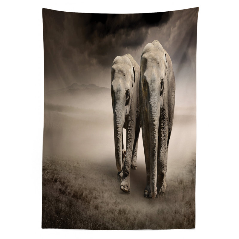 Elephant Tablecloth, Pair Of Elephants In Motion Walking Dusty Background Clouds Wilderness Desert Print, Rectangular Table Cover For Dining Room Kitchen Decor, 60" X 90", Tan Taupe