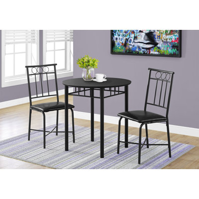 3-Piece Round Bistro Set, 30" Table, Metal & Laminate, 3 Pieces, Dining Set, Black, with Leather-Look Seats & Contemporary Design