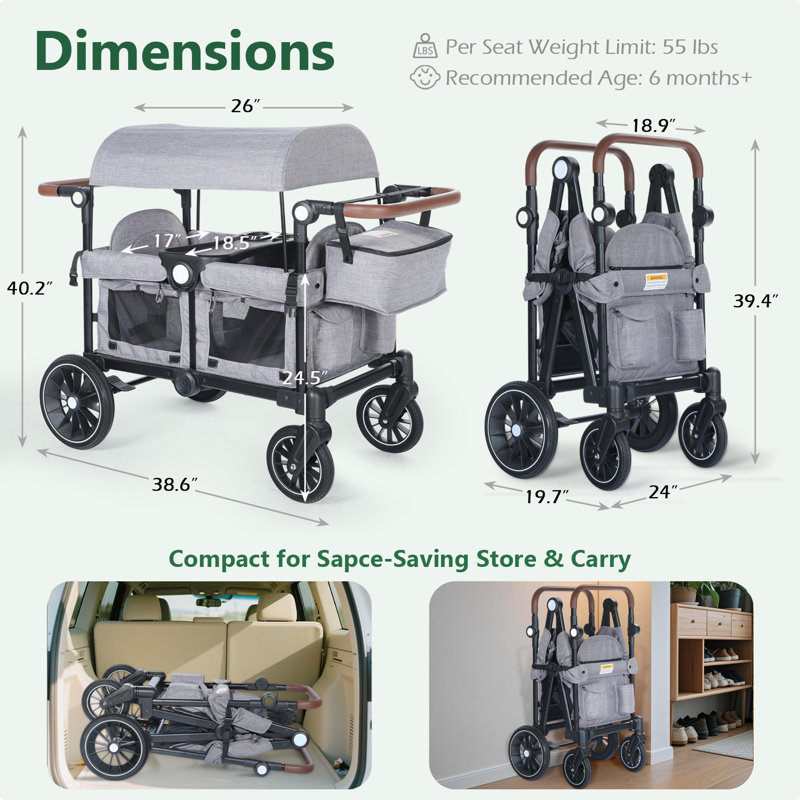 Folding Wagon Stroller for 2 Kids, Adjustable Handle, All-Terrain Shock-Absorbing Wheel, Detachable Tray, Diaper Bag, Gray