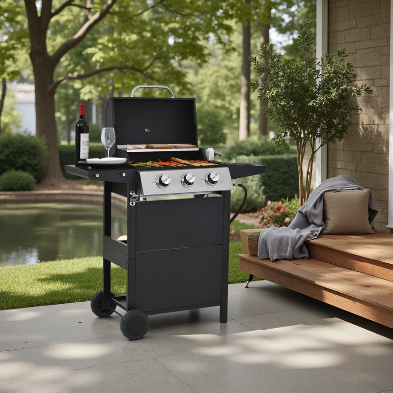 Barbecue au propane à 3 brûleurs avec tablettes latérales, thermomètre, roues et ouvre-bouteille pour la cuisine