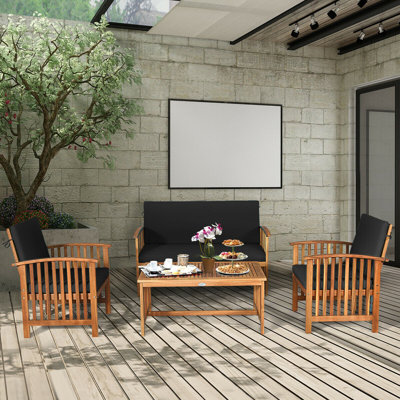 Jonanthan 4pcs Patio Solid Wood Furniture Set Conversation With Coffee Table And Cushion by Red Barrel Studio