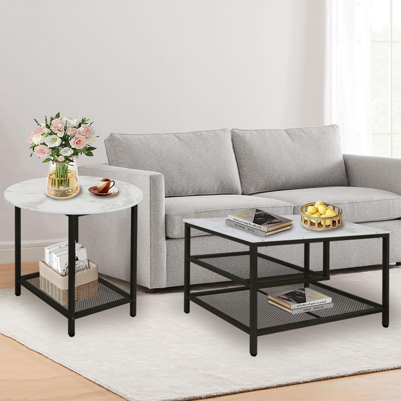 Nesting Table Set Of 2, Modern Round End Table & Rectangular Coffee Tables For Living Room Apartment, Black