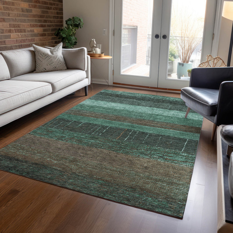 Teal and Brown Striped Synthetic 10' x 14' Flat Woven Rug