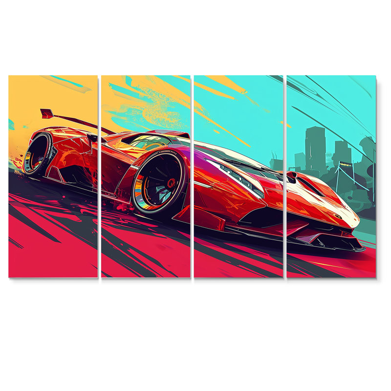 «High Speed Retro Red Sports Car», art mural exotique sur toile, 4 pièces, H 32 po x l 64 po