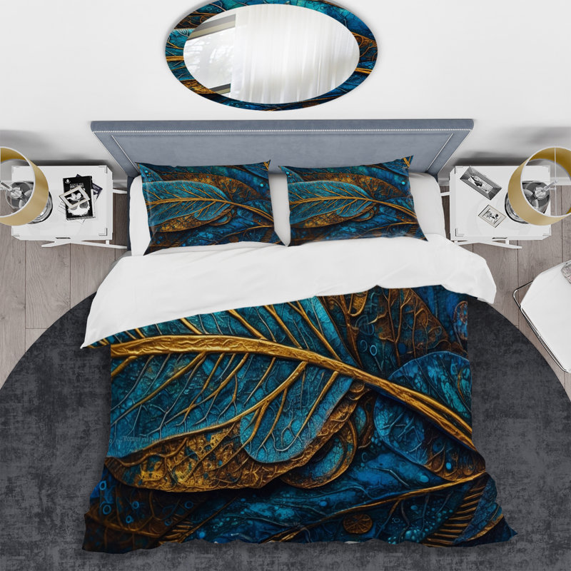 Ensemble de housse de couette bleu et or Melody Of Boho I Bedding, Housse de couette simple + 1 taie décorative stan
