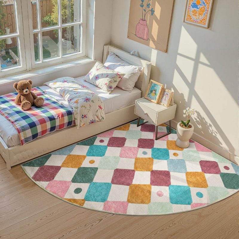 Colorful Diamond for Kids Washable Non-slip Rug Confetti on Cream, Corner 6' x 6', Argyle Confetti