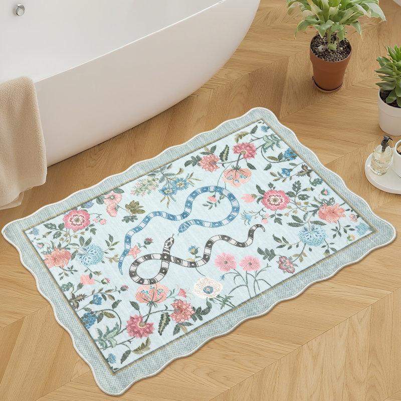 Farmhouse Floral Rug Washable Rug Non Slip Modern Scalloped Carpet, Soft Non Shedding Indoor Carpet, Low Pile Thin Foldable Printed Mat