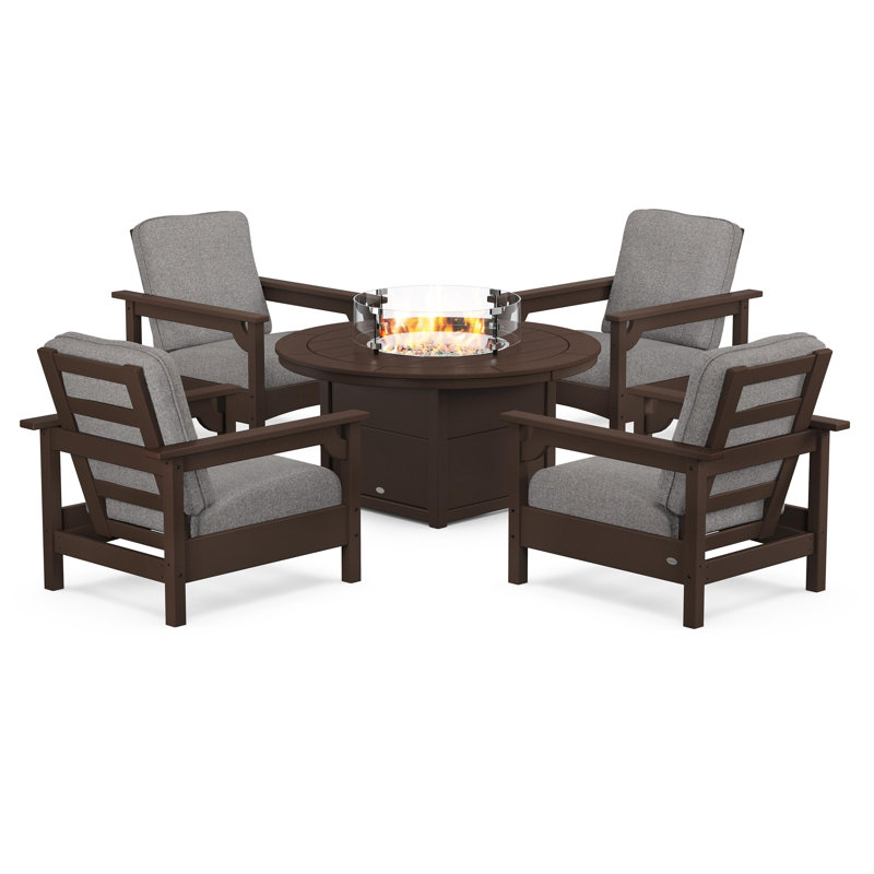 Club 5-Piece Conversation Set with Fire Pit Table, Gray Mist, Mahogany