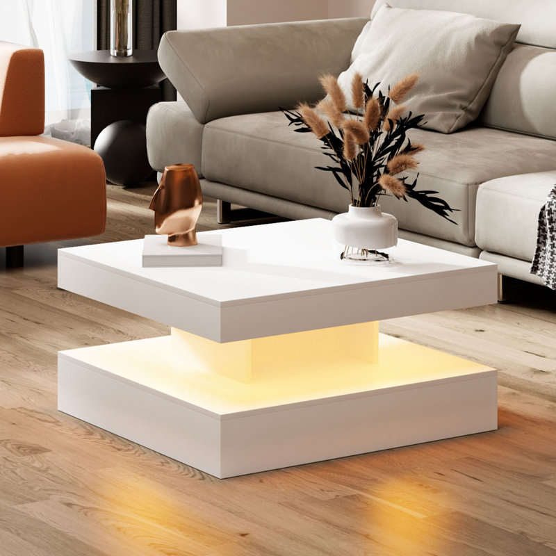 Charvez High-Gloss Coffee Table with 16 Colors LED Lights, High Gloss White, 40cm H x 78cm W x 78cm D
