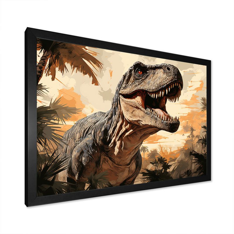 Portrait de trex rétro jurassique I - art de mur de dinosaure, Cadre d'angle fermé noir, H 24 po x l 32 po x P 1 po