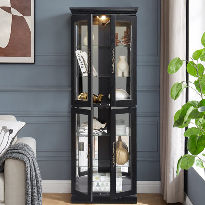Elegant Lighted Glass Curio Display Cabinet - Wooden Frame Storage For Living Room, Kitchen & Pantry - Includes Light Bulb - Ideal For Wine, Toys & Collectibles - Black