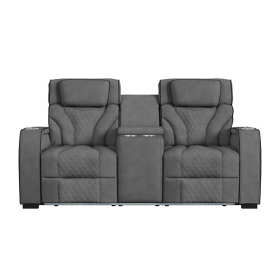 Weldon Motion Loveseat with Console, and LED in Simba Slate and Black Welt