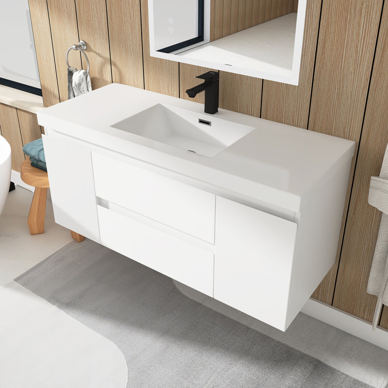Meuble-lavabo mural simple avec plateau en marbre de culture 48 po Cathlene, Blanc