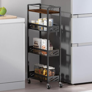 Wheels, Narrow Utility Cart With Handle And Wooden Tabletop For Small Space In Kitchen