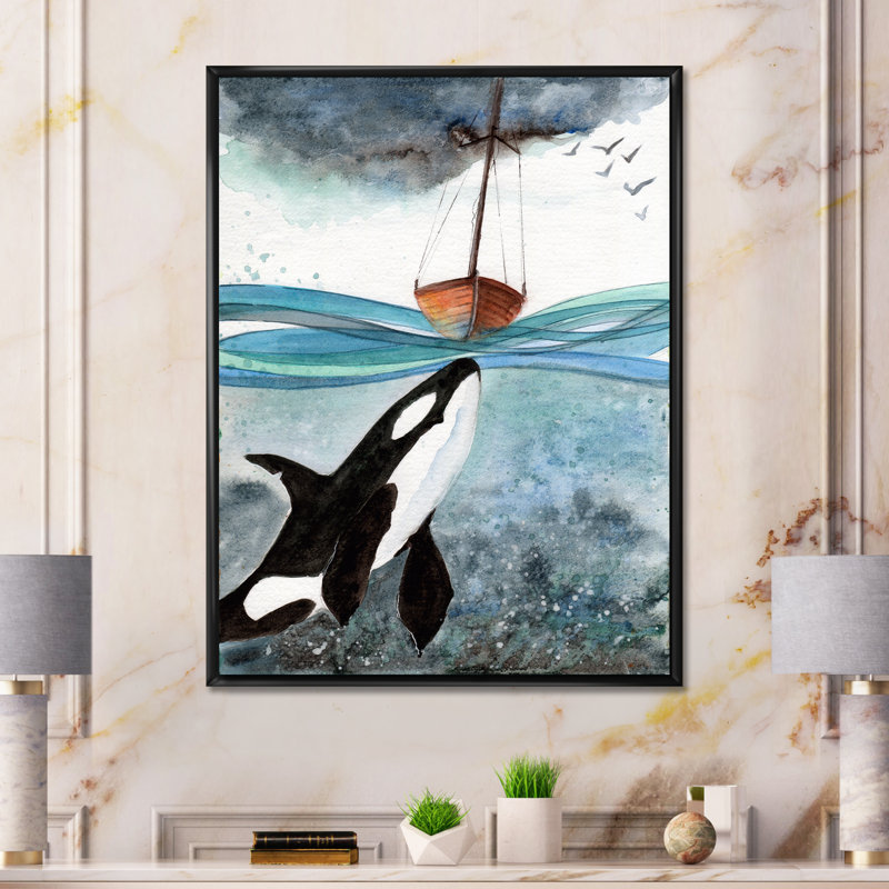 Orque dans la mer bleue - Peinture sur toile, H 40 po x l 30 po, Cadre flottant noir