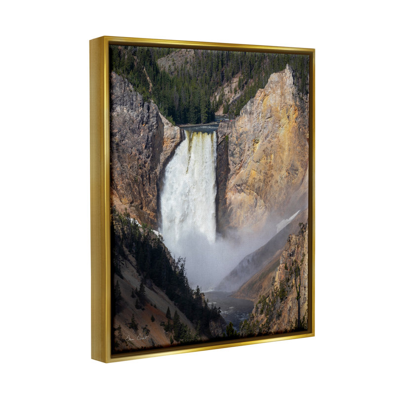Gold Floater Frame Waterfall in Rocky Cliffs Wall Art