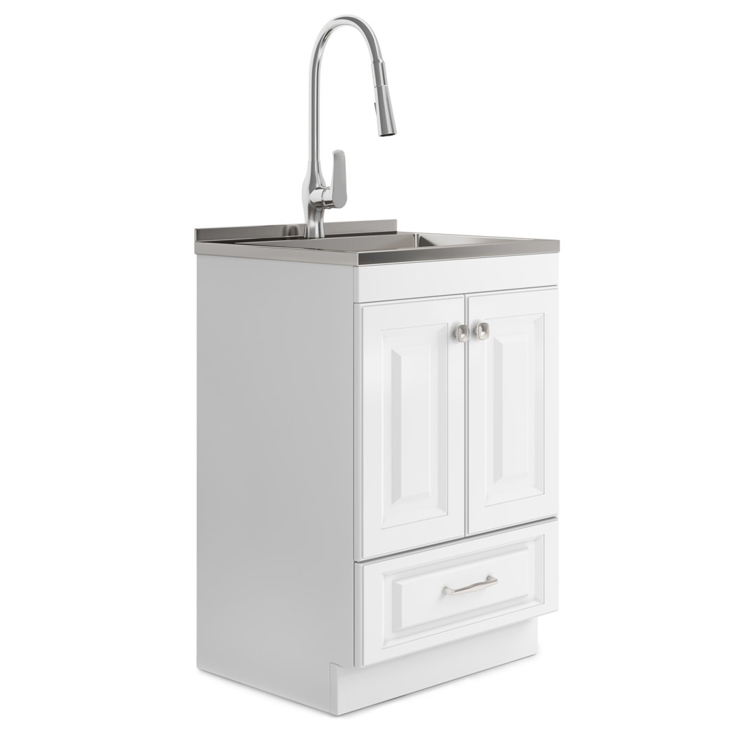 Lawrence 24"W Utility Sink & Laundry Cabinet with Integrated Stainless Steel Sink and Faucet, White Simpli Home