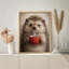 Cute Hedgehog Framed Wall Art Prints - Hedgehog holding red mug, for bedroom-125211847-125211846